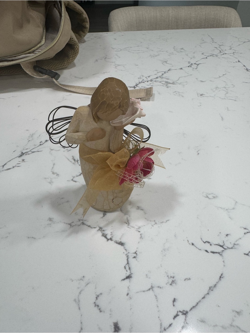Wooden Angel Figurine with Pink Flower and Gold Bow - Home Art